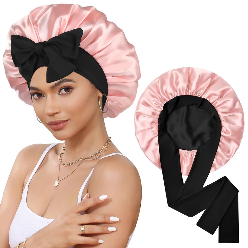CHLINS Satin Bonnet Silk Bonnet for Sleeping Silk Sleep Cap Double Layer Hair Bonnet with Elastic Tie Band for Curly Hair Night Cap - Image 1